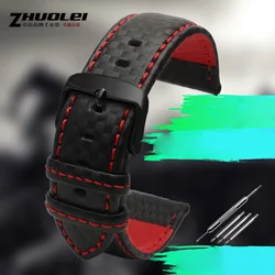 Durable Black Genuine Leather Watchband with Orange Stitching and Silver Clasp - 22mm (Black red black)