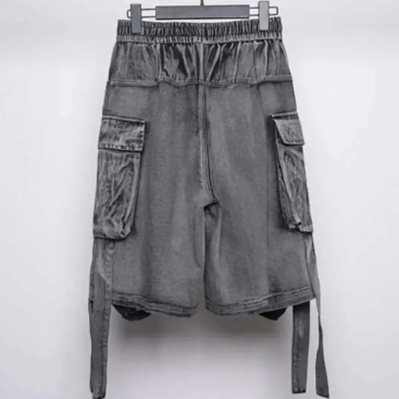 HKSH Niche Design Vintage Jeans Spring Summer High Street Tactical Large Pockets Half Length Denim Pants Washing Chic HK1078