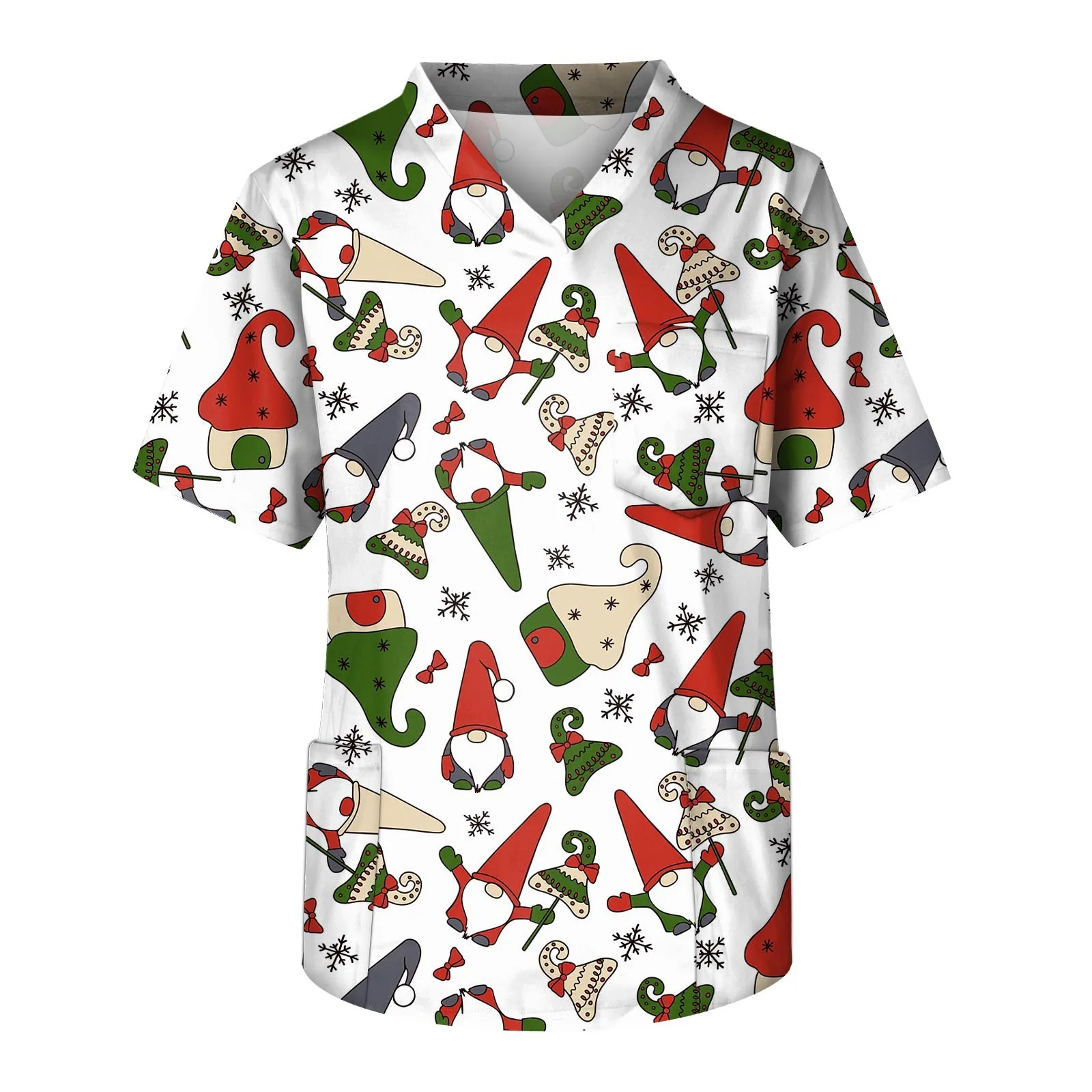 

Men'S Working Uniform Christmas Short Sleeve T Shirts Men And Women V Neck Print Chest Pocket Carer Top Medical Uniform Tops