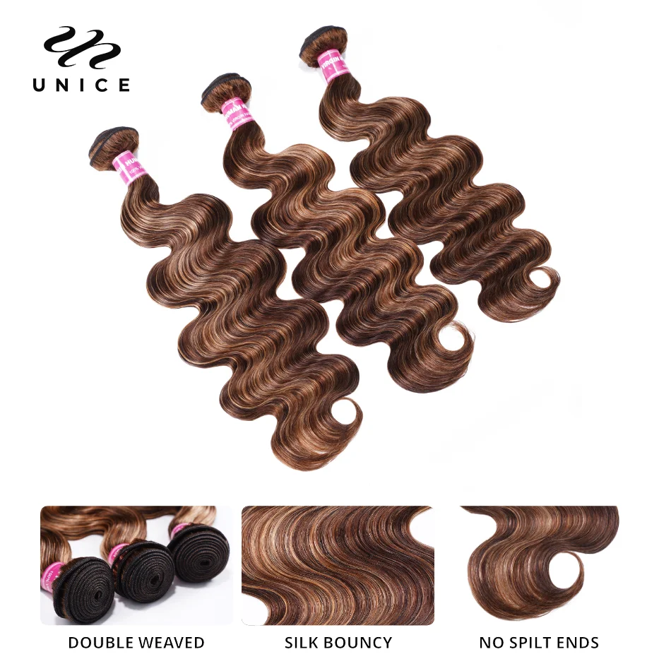 UNice Hair Blonde Highlight Body Wave Human Hair Bundles 2/3/4 Pcs With 4x4 Lace Closure Human Bundles Full Head Use