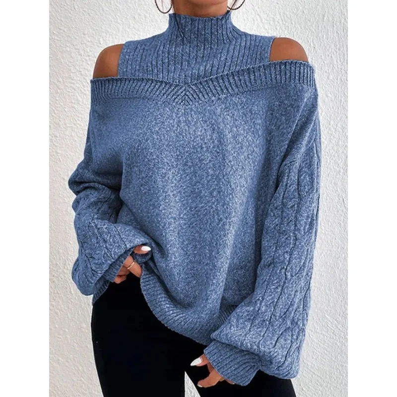 

Turtleneck Hollow Out Jumpers Shoulder-Baring Sweater Y2K Cold Shouder Sweater Women Long Sleeve Loose Break Pullovers