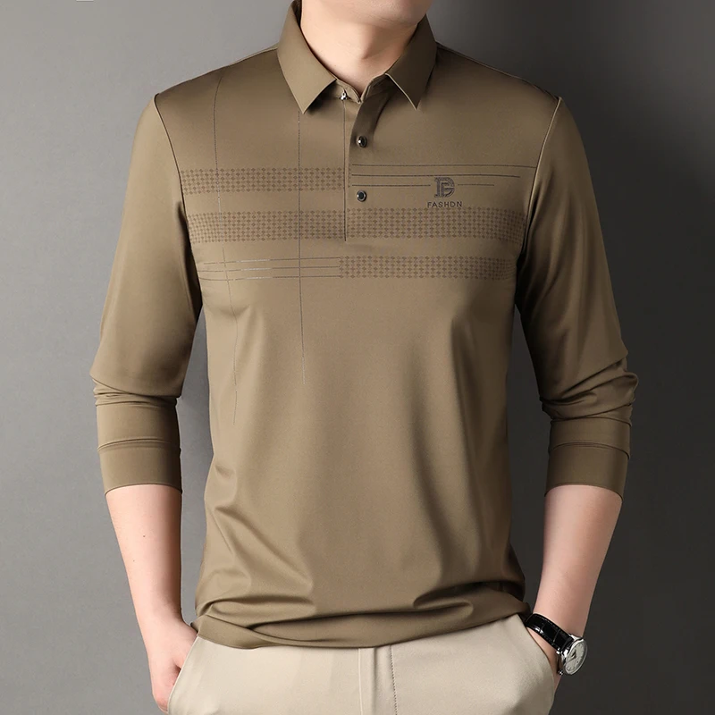 

High Elasticity Spring Autumn Men's Polo Shirts High Quality Long Sleeve Seamless Business Casual Simple Man T-shirts