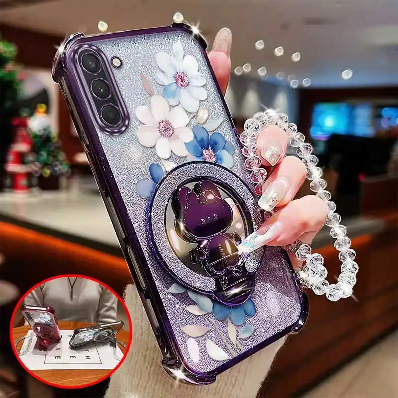 Attractive Flower Phone Case Set with Lanyard and Circular Stand - 3 Piece Set