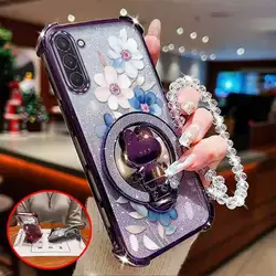 Attractive Flower Phone Case Set with Lanyard and Circular Stand - 3 Piece Set - Galaxy Note20 Ultra (PURPLE)