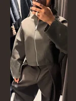 Vintage Stand Collar Women's Cropped Jacket Zipper Loose Full Sleeve Thick Warm Coat 2025 Autumn Winter Lady New in Outwear - Image 4