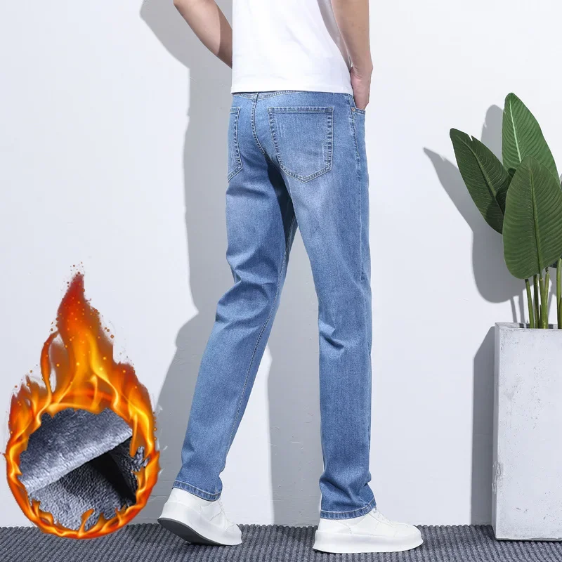 Men's Winter Snow Jeans Warm Stretch Straight Leg Thermal Jeans Man Fleece Denim Long Pants Blue Gray Fashion Classic Trousers 4