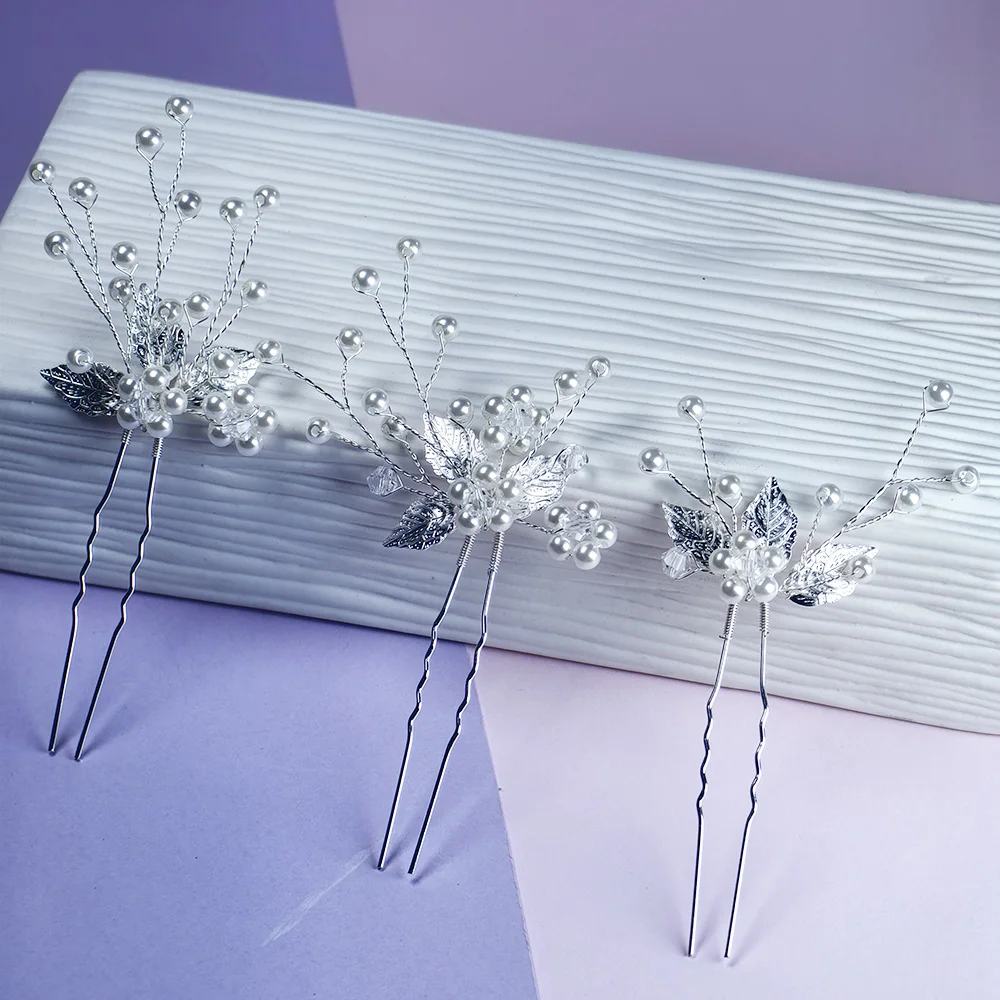 Flower Bridal Wedding Hairpin Silver Leaf Bridal Hair Ornament Rhinestone Hair Ornament for Women & Girls (Set of 3)