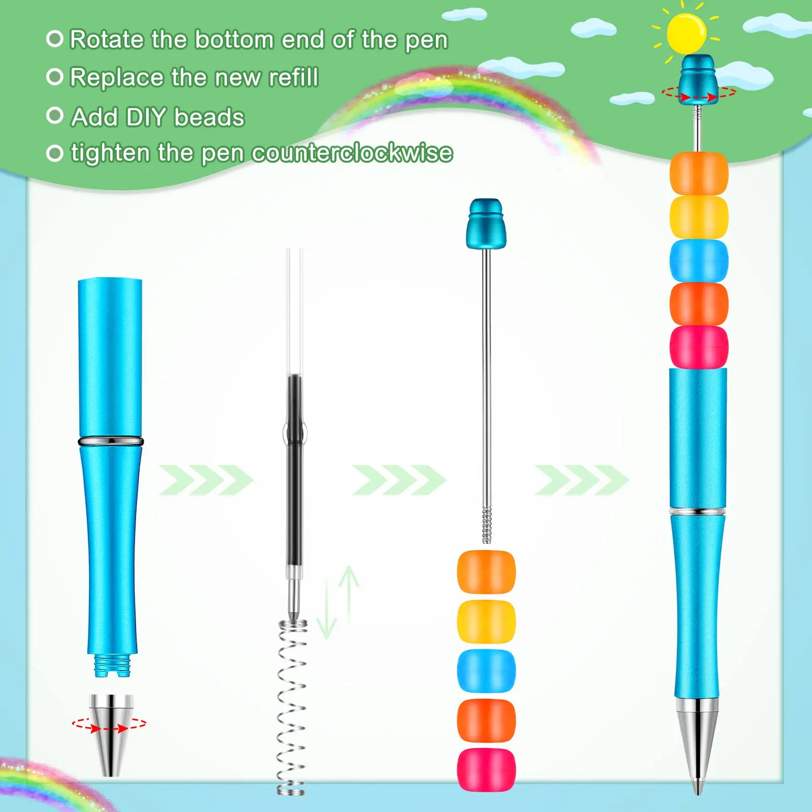 25Pcs 플라스틱 구슬펜 다색 볼펜 비즈 펜 어린이 학생 사무실 학교 DIY 만들기
