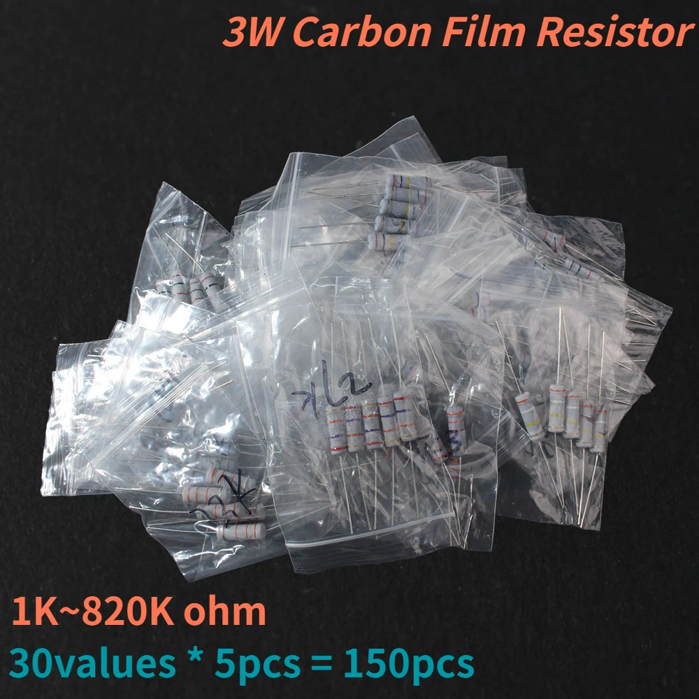 

150 шт. 3 Вт карбоновый пленочный резистор 30 видов набор резисторов сопротивление цветного кольца 1K ~ 820K Ом электронный комплект