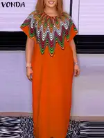 VONDA Women Plus Size Maxi Long Dress Vintage Short Sleeve Printed Party Sundress Summer Vestidos Casual Loose Robe Oversized