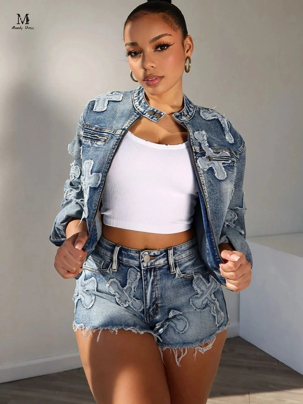 Fashion Women Denim Outfits Embroidered Cross Jacket Spring Summer Y2K Street Slim Sexy 2 Two Piece Shorts Set 2024 men jeans street dance denim cross pants low crotch pant fat baggy jeans feet harlan pants skateboard jeans