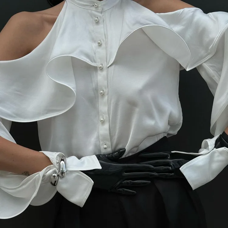 Blusa informal blanca con volantes para mujer, estilo patchwork, con hombros descubiertos, elegante, lisa, de cintura alta, estilo urbano, de verano