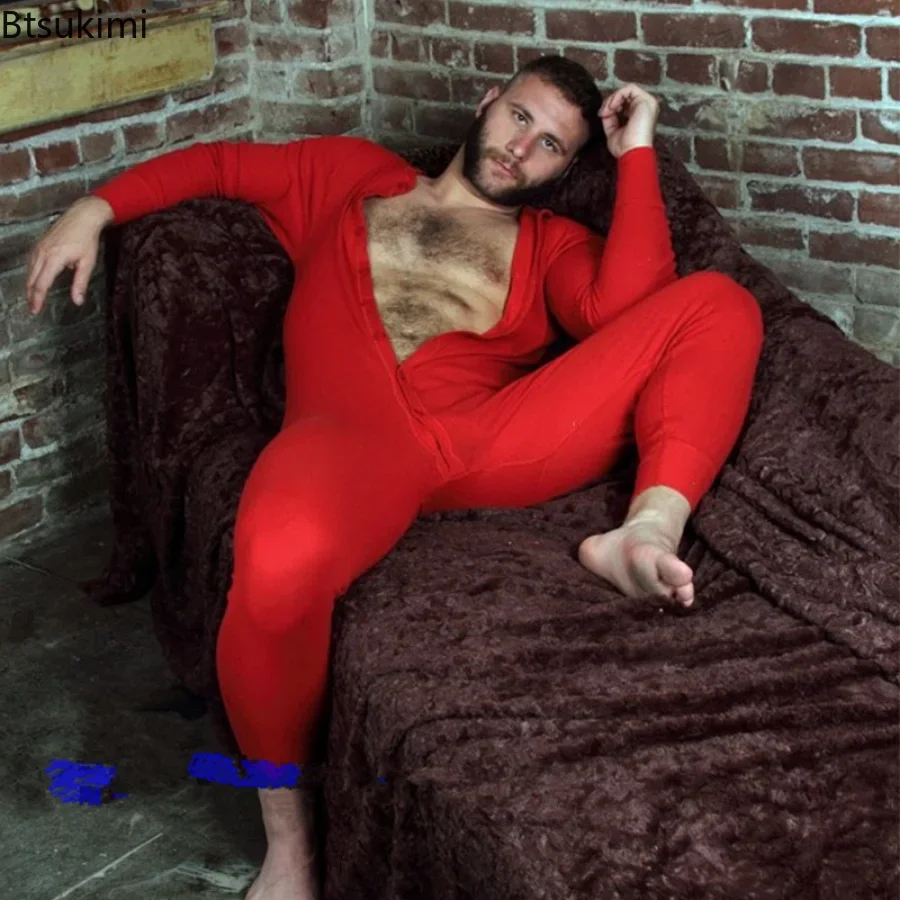 Men Pajamas Jumpsuits Home Wear Solid Long-sleeved Comfortable Rompers Tight-fitting Casual Pajamas Sexy Male