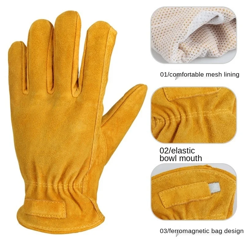 Work Gloves Cowhide Leather Men Working Welding Safety Protective Garden Sports MOTO Driver Clothing Gloves Mittens