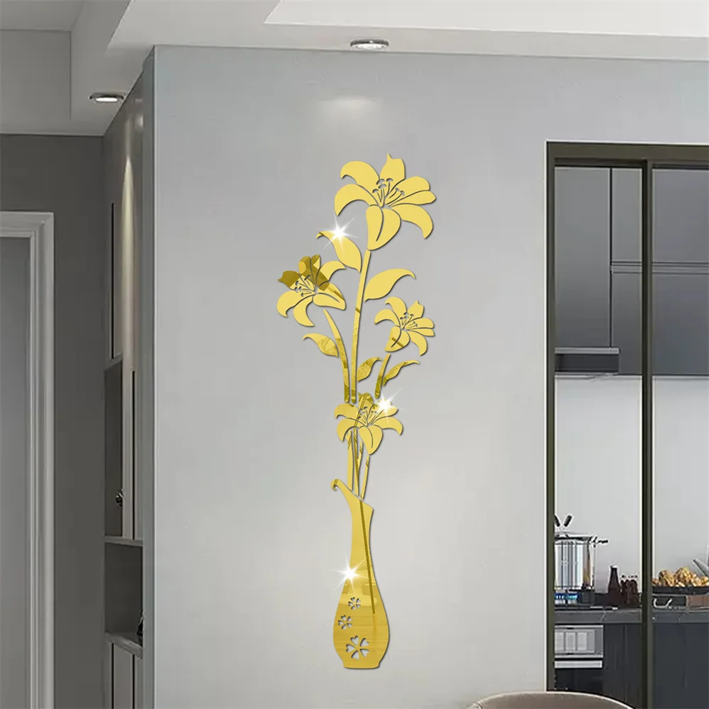 3D DIY Acrylic Mirror Stickers for Room Decoration Vase Flower Wall Decals Sticker Living Room Bedroom Wall Decor Home Sticker