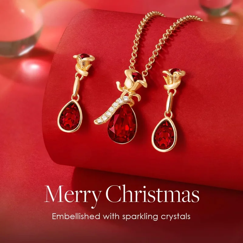 Fashion Ruby Rose Flower and Droplet Shape Pendant Necklace Earrings Set For Women Banquet Wedding Anniversary Jewelry Set Gift