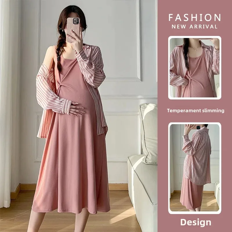 High Elasticity Vest Skirt Striped Shirt Two-Piece Set Maternity Wear New Autumn Collection Comfortable Breathable Clothing