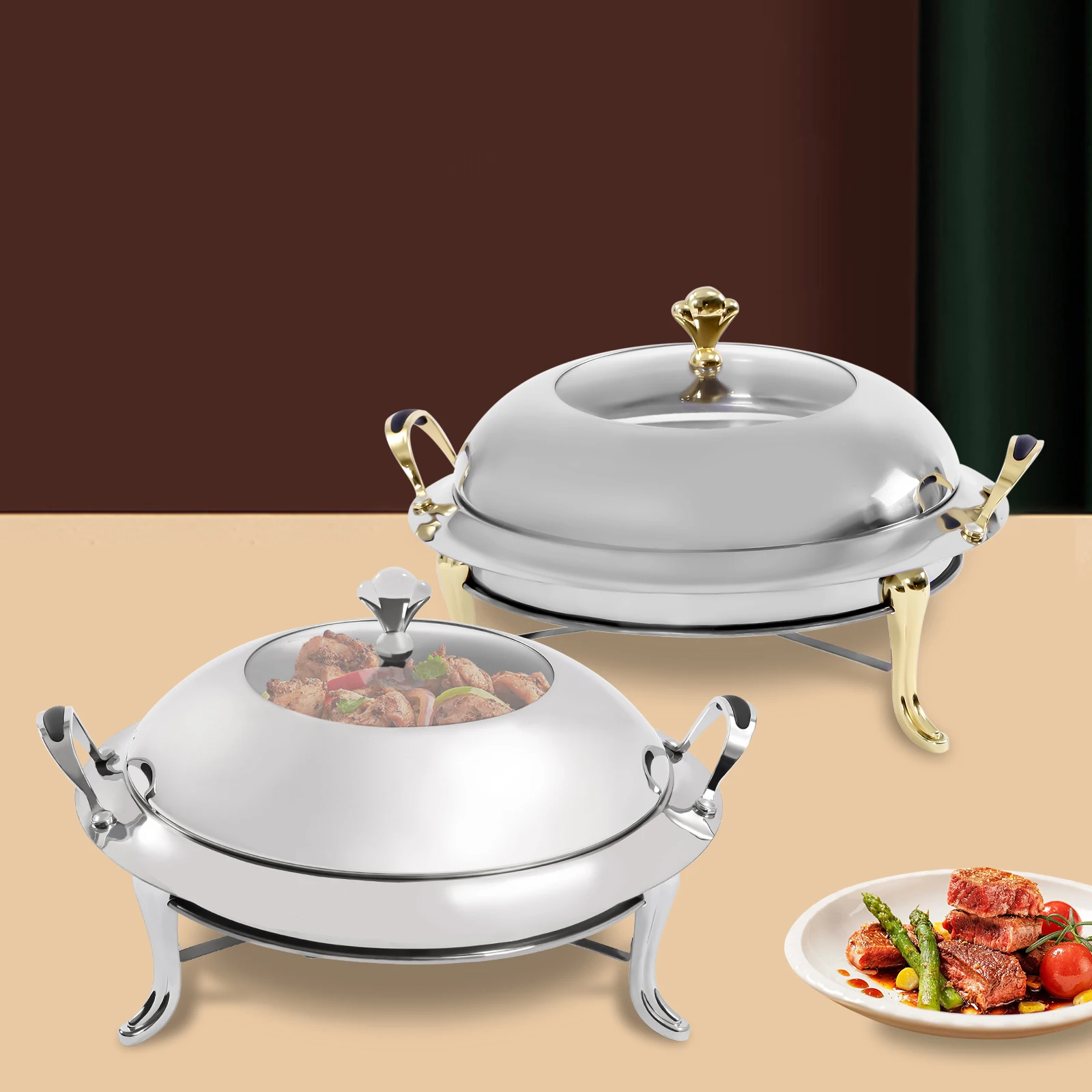 Chafing Dish Buffet Set 2 Pack, 5QT Round Stainless Steel Chafing Dishes For Buffet Chafers And Buffet Warmers Sets With Glass Lid Holder Gold