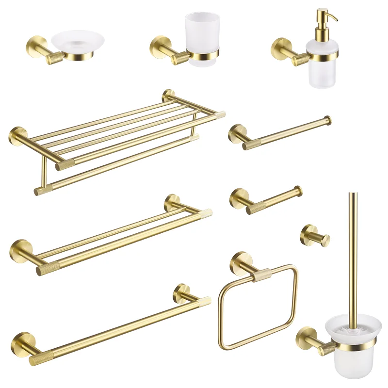Brushed Gold Brass Knurling Wall Mounted Hand Towel Bar Toilet Paper Holder Robe Towel Hooks Bathroom Accessories Kit