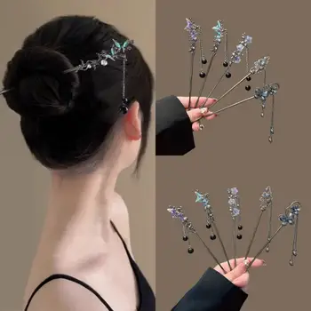 Flower Hairpin Neo-chinese Style Hair Sticks Ink Colored Flower Tassel Hair Stick For Women Elegant Metal Jewelry Hair Accessory 1