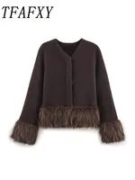 TFAFXY Women Knitted Cardigan 2025 Autumn Artificial fur spliced Long Sleeve Single Breasted Loose Sweater Female Top Y2K