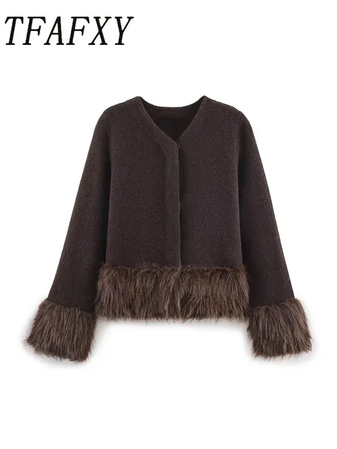 TFAFXY Women Knitted Cardigan 2025 Autumn Artificial fur spliced Long Sleeve Single Breasted Loose Sweater Female Top Y2K