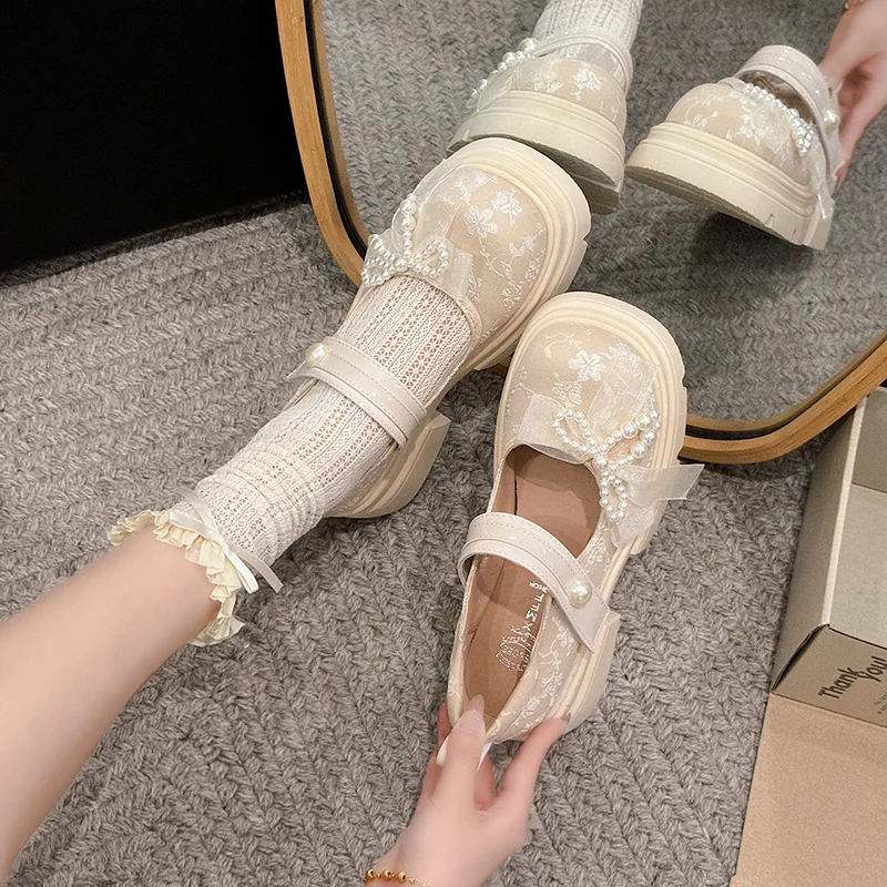 

Women's Shoes Platform Pearl Decorateion Casual Female Sneakers Round Toe Modis Flats All-Match Clogs Beading Comfortable On Hee