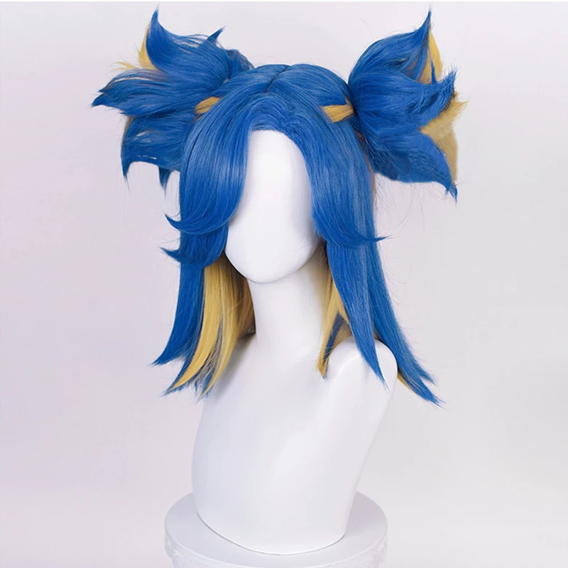 Game Valorant Neon Cosplay Wig Short Blue Mix Blond With 2 Clip Ponytails Heat Resistant Synthetic Hair Role Play Wigs + Wig Cap