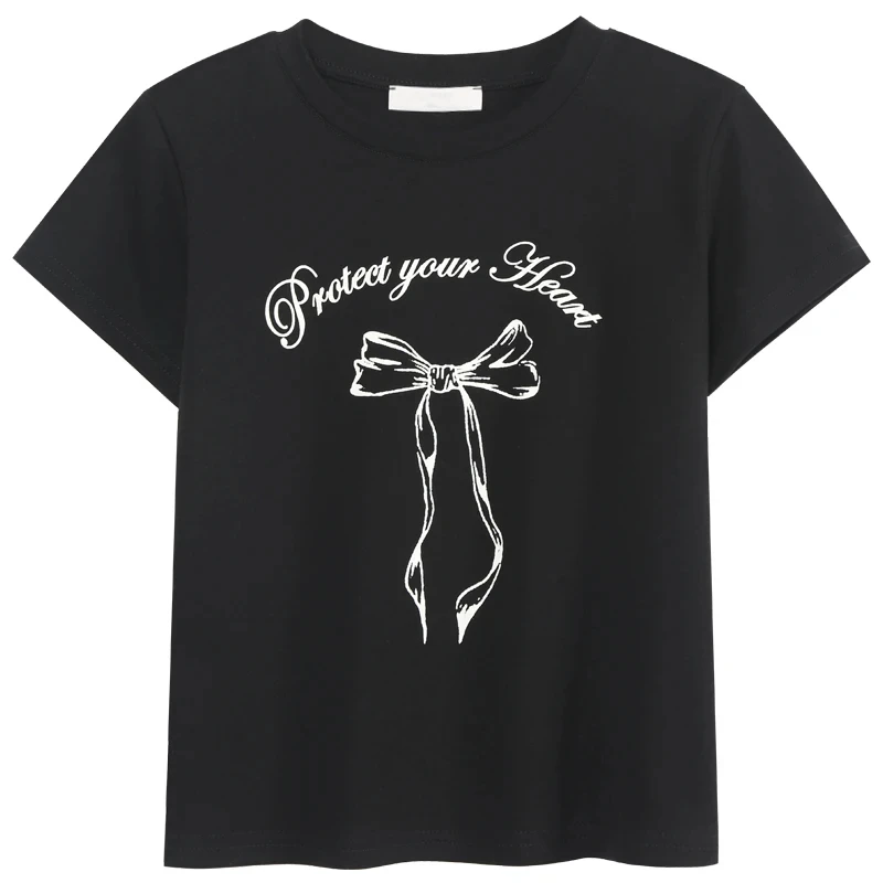 Summer New Korean Pure Cotton Bow Print Round Neck T-shirt