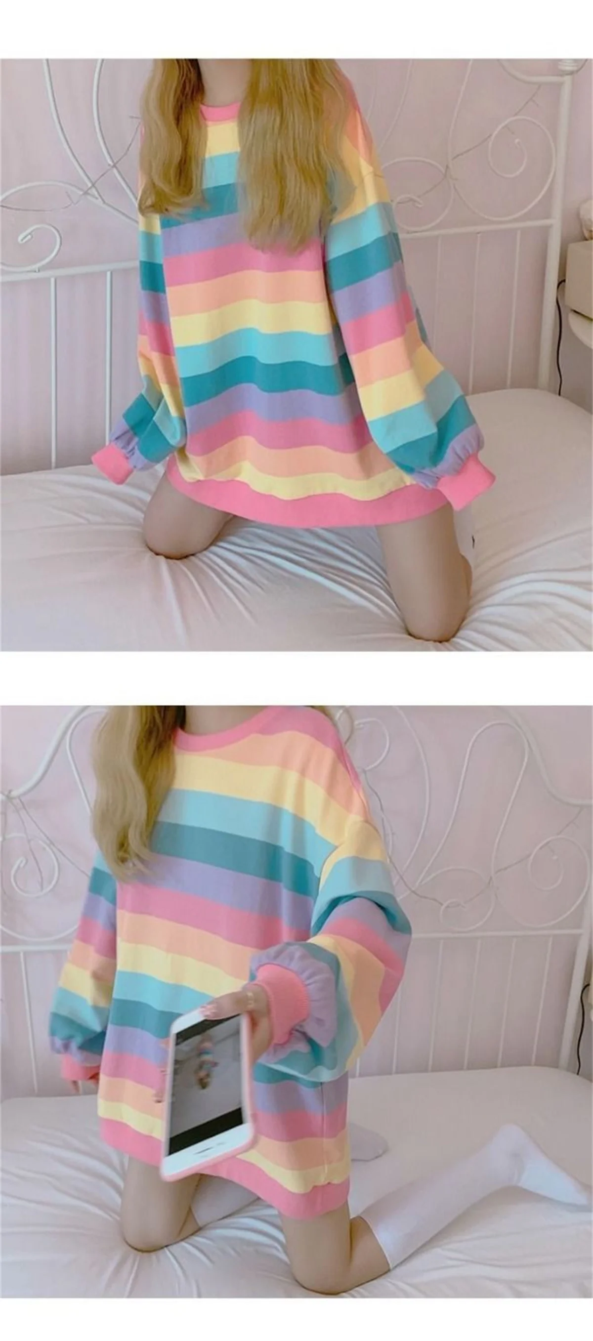Rosa Regenbogen Gestreiften Übergroßen T Shirts Für Frauen Kawaii Sommer Lange Hülse O-ansatz Hemd Koreanische Damen Fleece Sweetops T-shirt – Detail 8