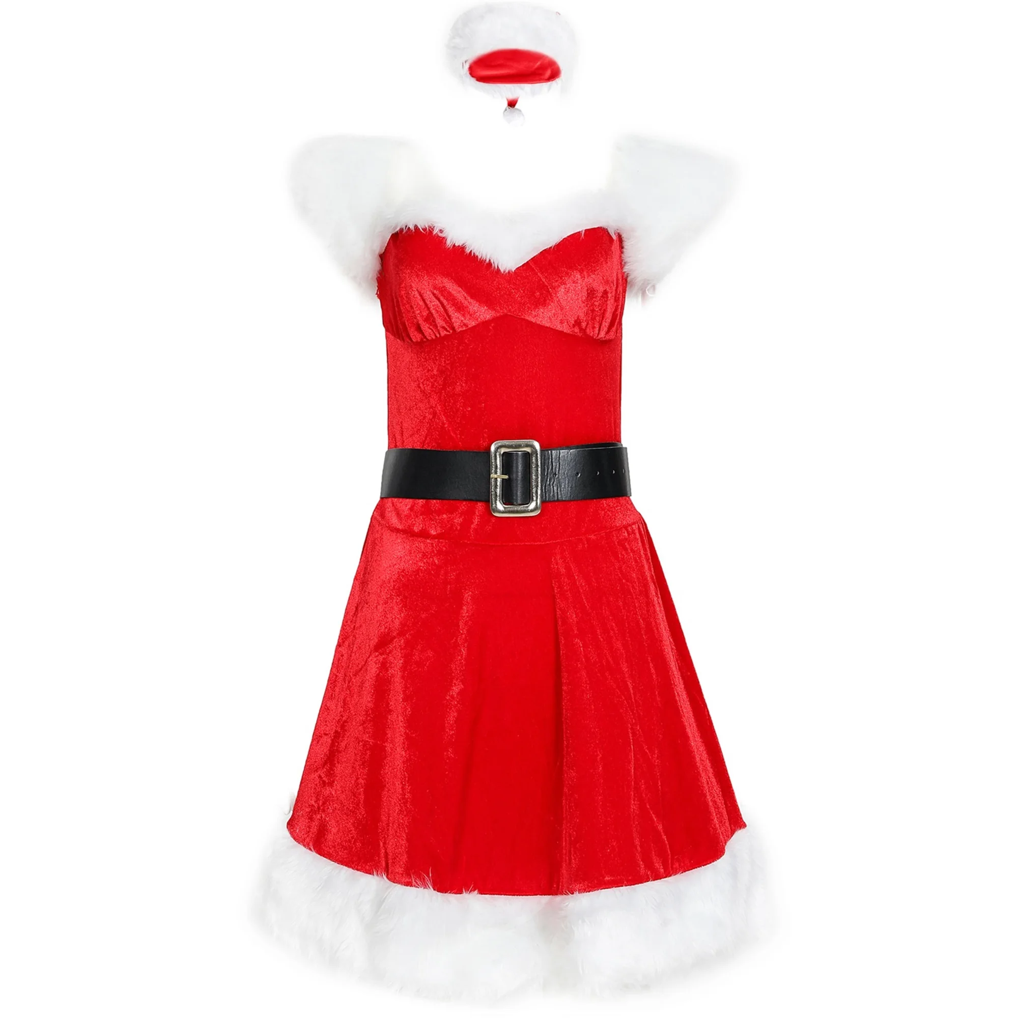 Women Christmas Costume Sleeveless Furry Patchwork Belted Slip Dress with Hat Party Outfit - Festive Holiday Attire for Women
