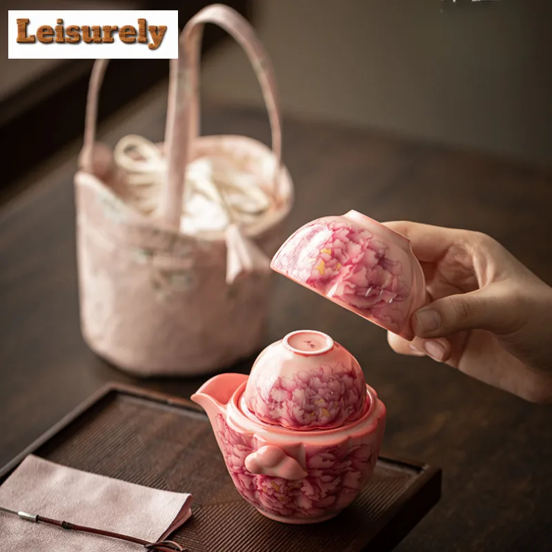 Red Powder Ard Jelly Porcelain Travel Tea Set Kit Luxury 1 Pot 2 Cups Tea Maker Organizer Portable Outdoor Handbag Supplies Gift
