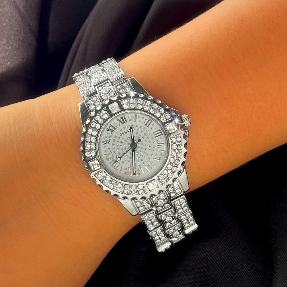 Iced Out Rose Gold Silver Color Watch Women's Luxury Rhinestone Cuban Chain Bracelet Watches Fashion Wrist Watch Hip Hop Jewelry