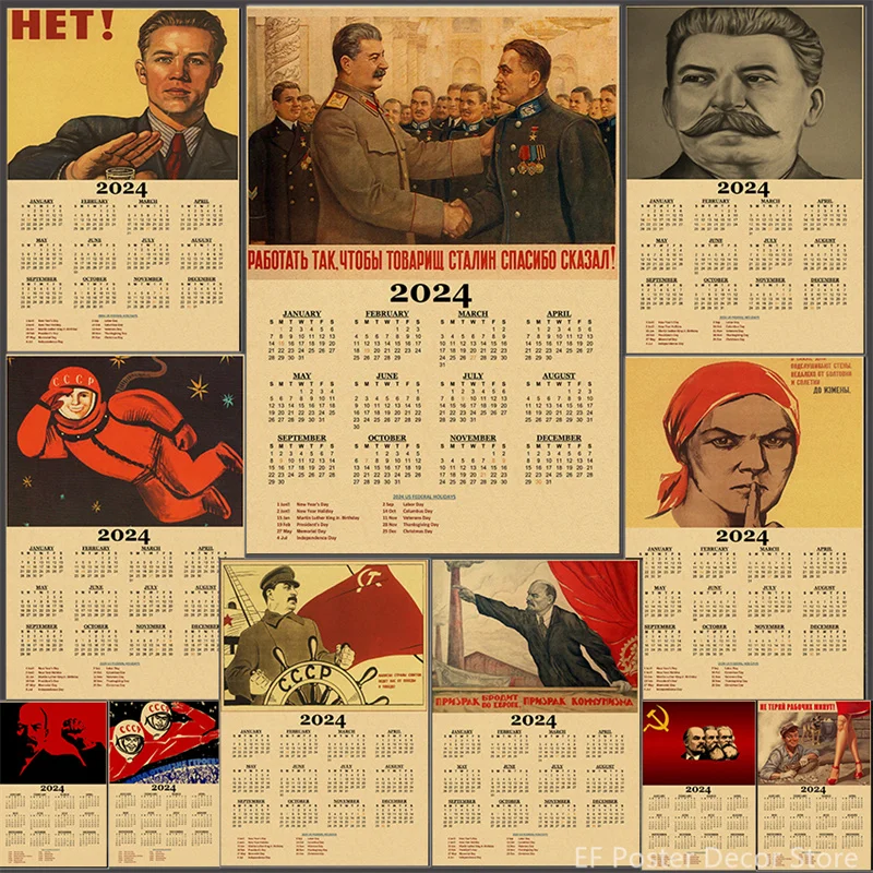 2024 Calendar Celebrity Stalin Marx Lenin Poster USSR CCCP Home Room Decor Painting Vintage Kraft Paper Prints Art Wall Picture