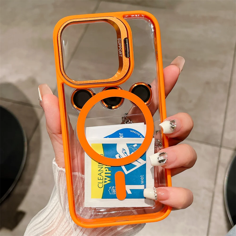 Premium Magnetic Stand Glass Lens Protection Phone Case with Magsafe Compatibility and Shockproof Design
