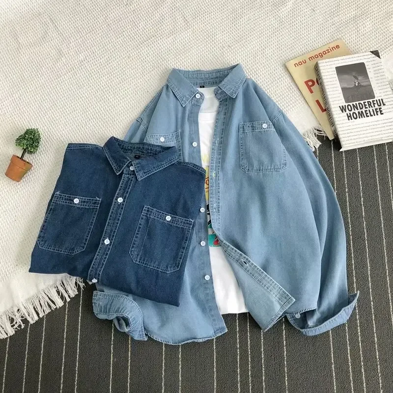 Spring Denim Shirt Men's Korean Long Sleeve Student Couple Thin Jacket Casual Minimalist Style