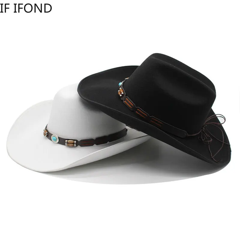 Chapéus ocidentais de lã artificial para homens e mulheres, aba larga vintage, feltro Fedoras, cavalheiro Jazz chapéus, boné de vestido Lady Cowgirl