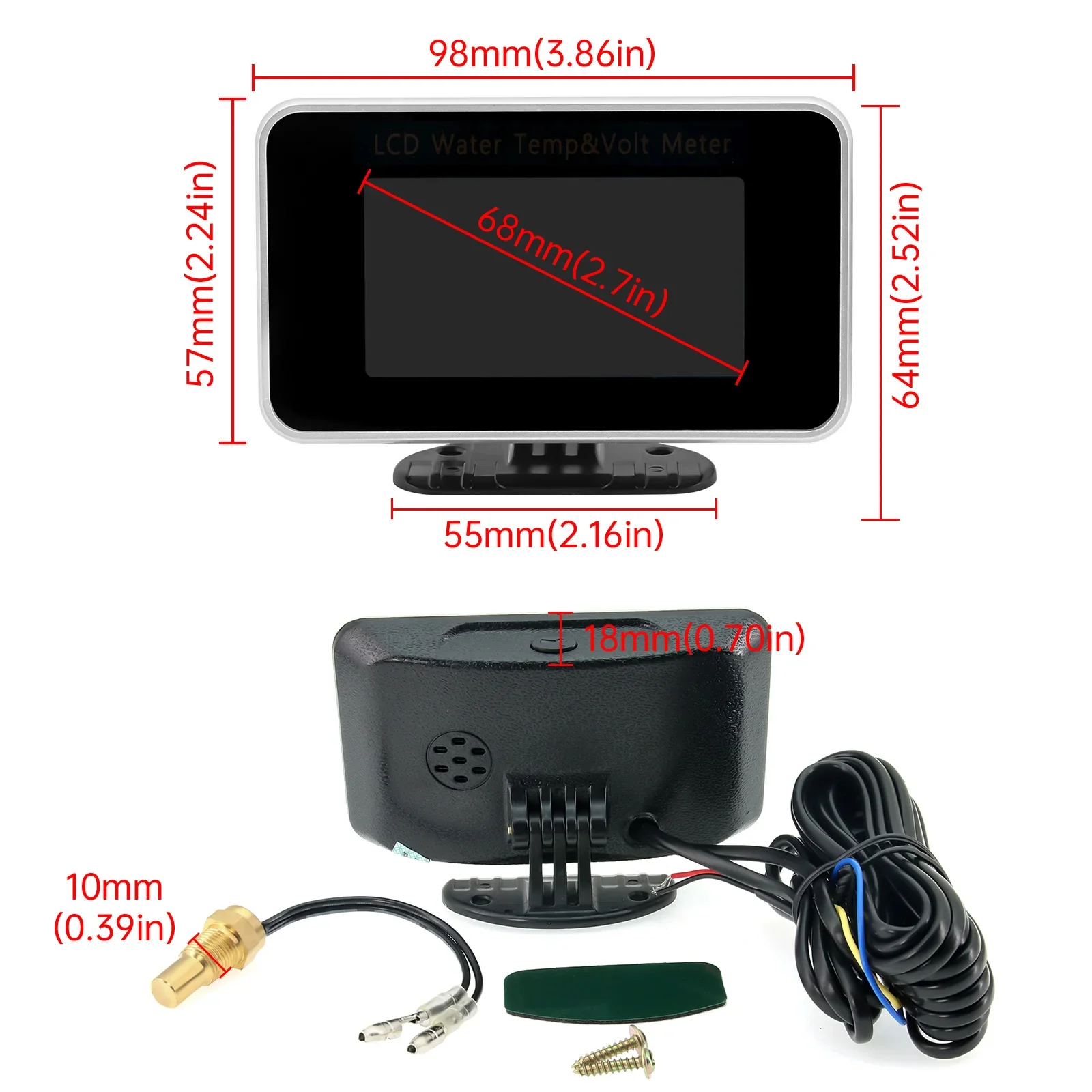 2in1 수온계 전압계 12V/24V 자동차 LCD 온도계 게이지 온도 및 전압계 10mm 자동차용 수온 센서