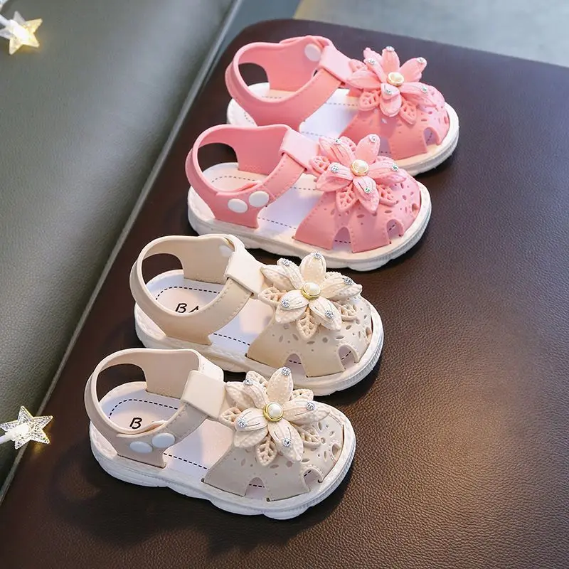 Summer Aged 0-3 Cute Flower Rhinestone Baby Shoes For Girls Non-Slip Soft-Soled Children Toddler Kids Sandals With Covered Toes
