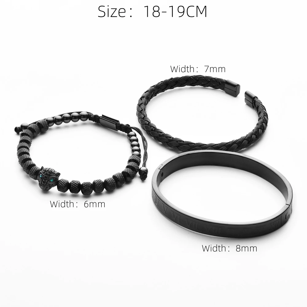 Bracelet jewelry 3pcs/set classical handmade braiding bracelet hip hop men pave CZ leopard head Roman numeral bracelet stainless steel jewelry