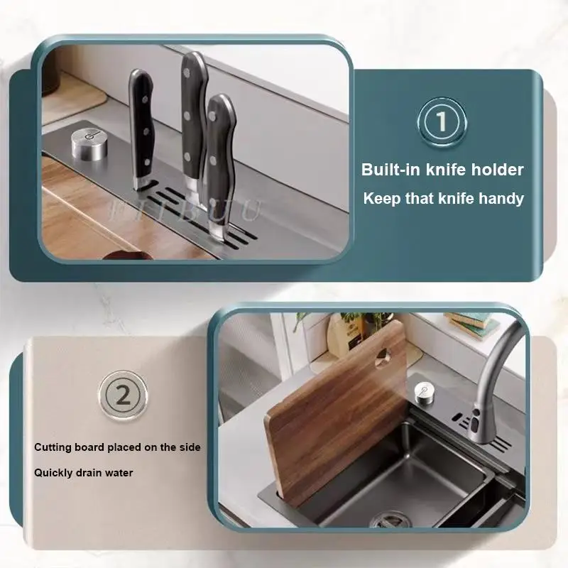 Waterfall Kitchen Sink Topmount Single Bowl Wash Basin Stainless Steel Workstation with Drain Accessories Knife Holder Faucet 5
