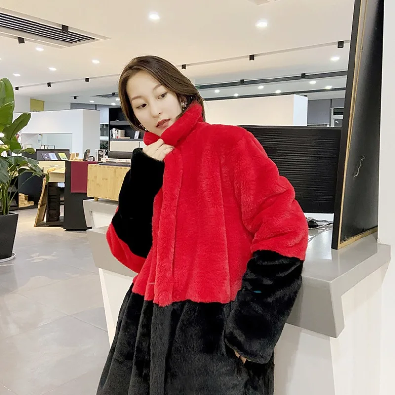 2023 Winter New Women Imitation Fur Coat Mid Length Version Loose Large Size Outwear Thicken Warm Fashion Patchwork Parkas