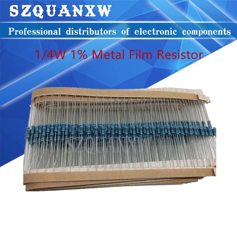 1000pcs 1/4W 1R~22M 1% Metal film resistor 100R 220R 1K 1.5K 2.2K 4.7K 10K 22K 47K 100K 100 220 1K5 2K2 4K7 ohm resistance