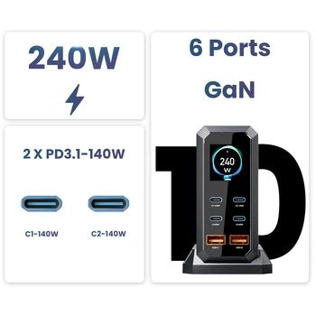 ASOMETECH 240W GaN Fast Charging Station 6 in 1 140W PD3.1 USB Type C PD QC3.0 PPS Desktop Charger For MacBook iPhone 16 Samsung 6