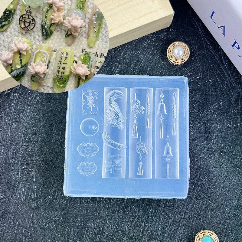 3D Chinese-Style Transparent Silicone Nail Molds Dragon Copper Coins Bells Chinese Knots Fan Manicure Design Templates