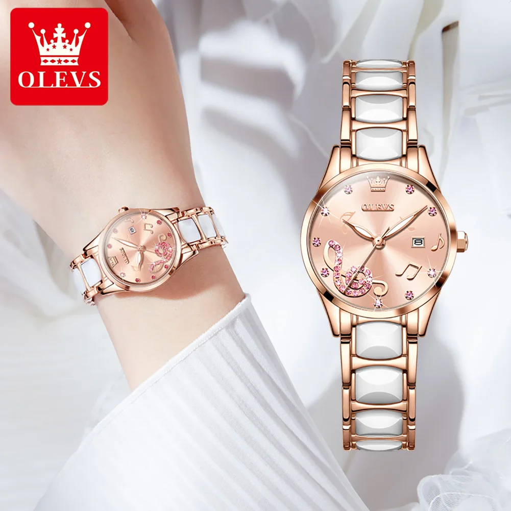 OLEVS Brands Fashion Rhinestone Quartz Watch for Women  Luxury Ceramic Strap Waterproof Calendar Ladies Wirstwatch Reloj Mujer