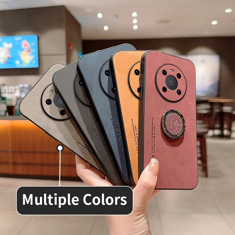 Luxury Matte Leather Phone Case with Ring Bracket and Shockproof Design