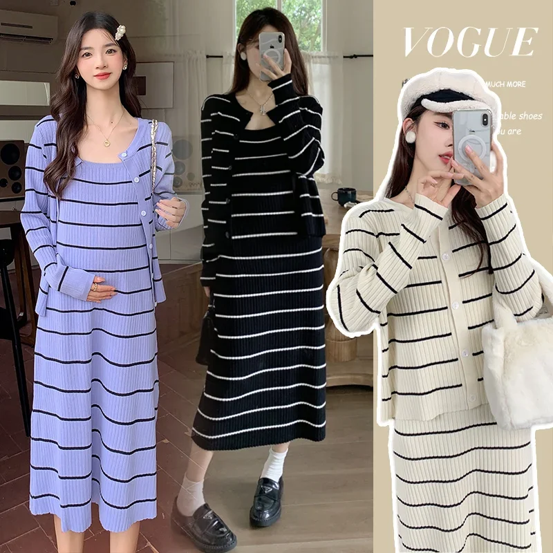 Autumn Maternity Clothes Set Long Sleeve Striped Knitted Cardigans Sweater Strap Dress Twinset Fashion Pregnant Woman Dress Suit