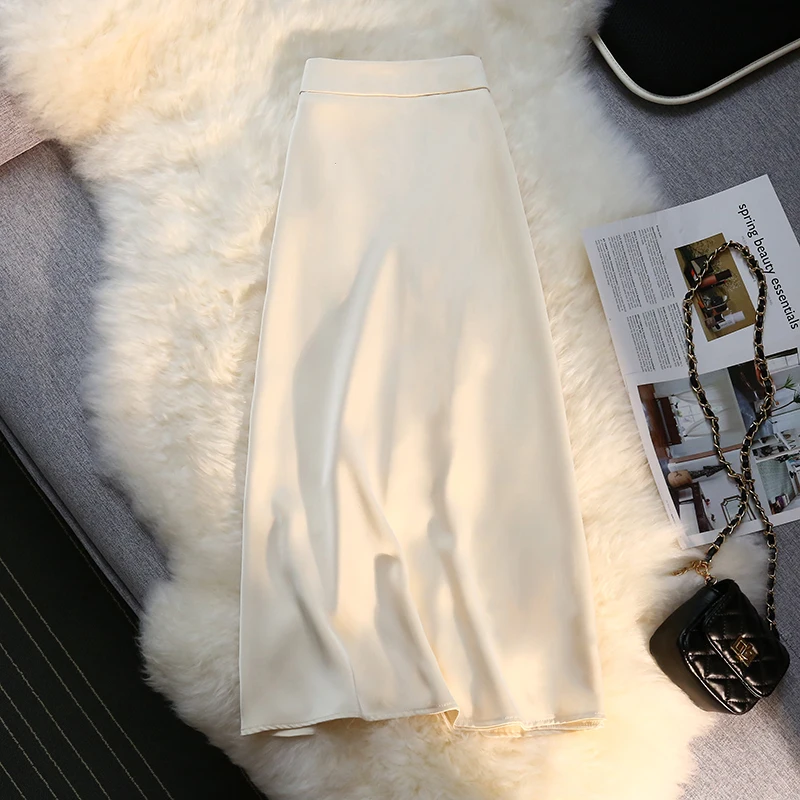 Silk Satin Long Skirts for Women 4 Seasons Elegant Female Midi A Line Skirt Side Zipper Back Elastic Band Fashion Skirt long skirts for women