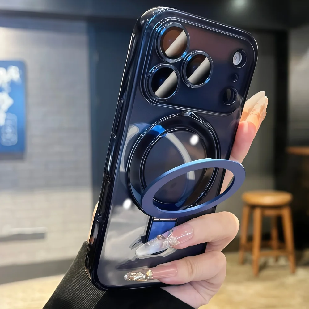 Transparent Fold Holder Phone Case with Magsafe Magnetic Cover and Glass Lens Film